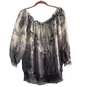 Guess Y2K Boho Peasant Blouse Silk Abstract Cloud Blue Grey White Pattern Sz M